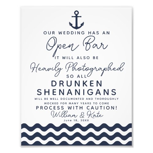 Open bar sign in navy and white for wedding party