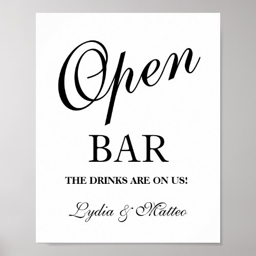 Open Bar Simple Elegant wedding sign 8x10 poster