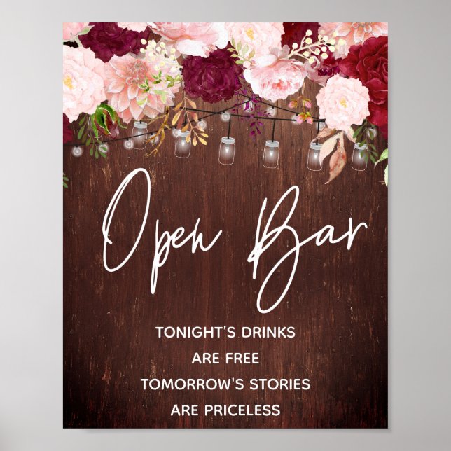 Open Bar String Lights Wood Burgundy Mason Jar Poster (Front)