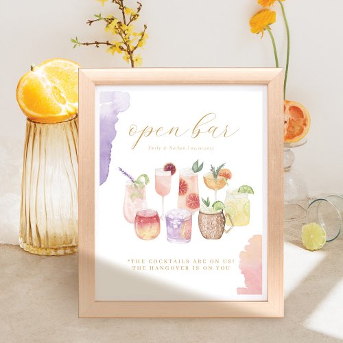 Open Bar Watercolor Citrus Cocktails Wedding Drink Poster