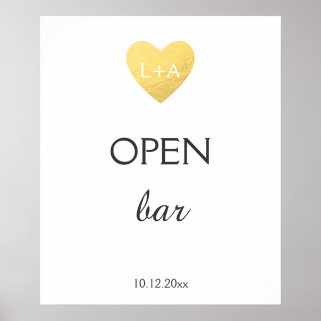 Open Bar Wedding sign, faux gold heart Poster (Front)