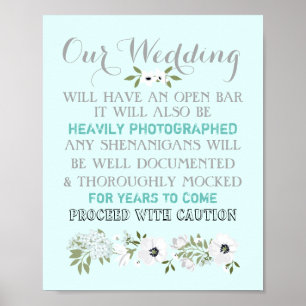 Open Bar Wedding Sign Floral Funny Any Color