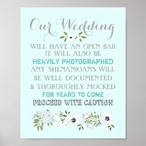 Open Bar Wedding Sign Floral Funny Any Color