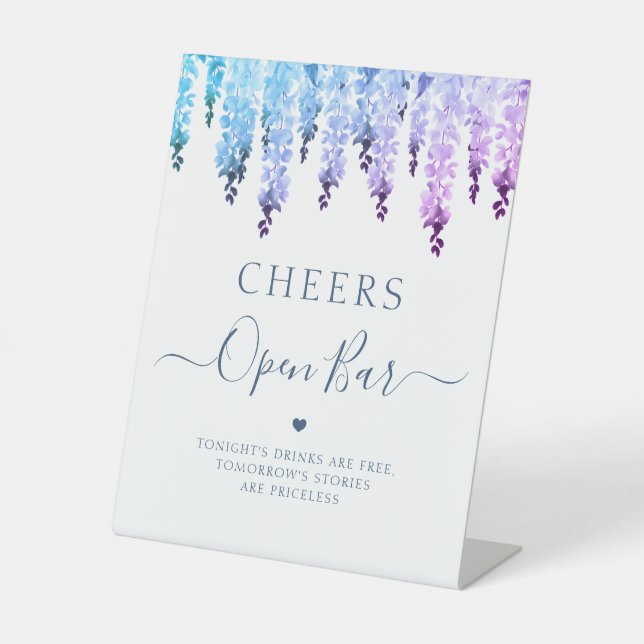Open Bar Wedding Sign Watercolor Wisteria Floral (Front)