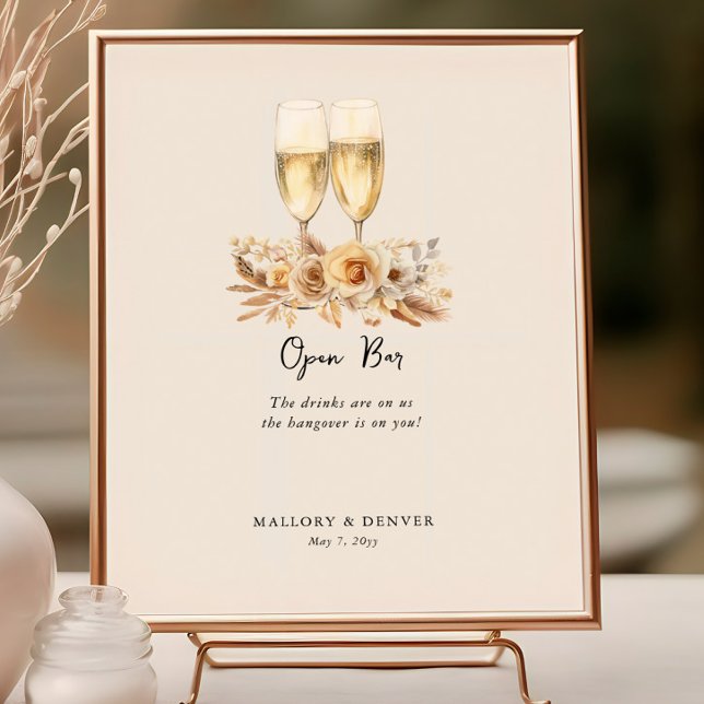 Open Bar Wine Glasses and Flowers Neutral Wedding Poster (Open Bar poster from the Romantic Wedding Signs collection by Darling & May)