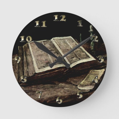 Open Bible Book with Candles _ van Gogh Round Clock