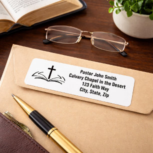 Open Bible Christian Cross Return Address Label