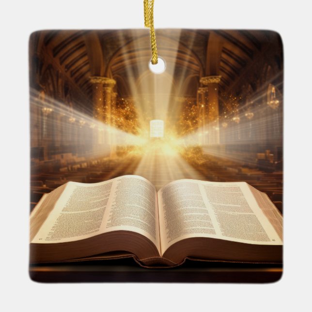 Open Bible Light Rays Ceramic Ornament (Front)