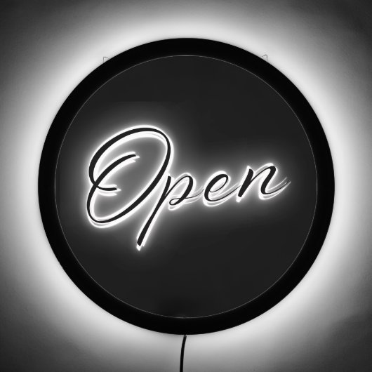 OPEN Black and White Minimalist Elegant Script LED Sign (Front)