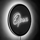 OPEN Black and White Minimalist Elegant Script LED Sign (Angle)