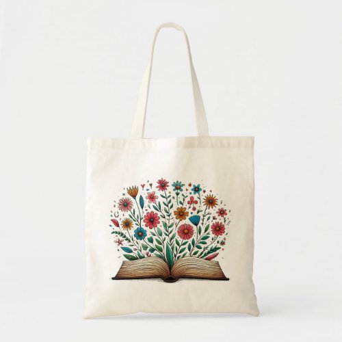 Open Book Drawing with colorful flower blooming Tote Bag