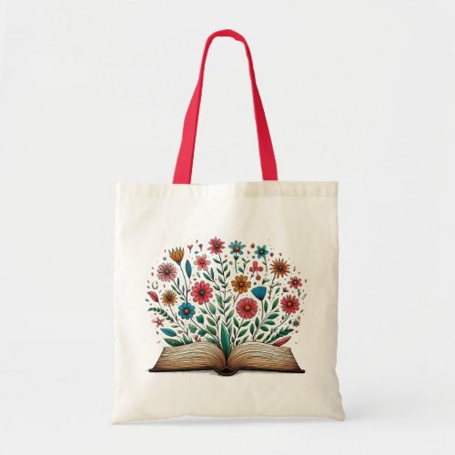 Open Book Drawing with colorful flower blooming Tote Bag