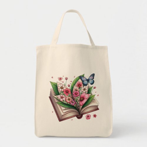 Open book drawing with flower and butterfly tote bag