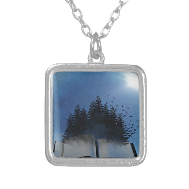 Open Book Forest Silver Plated Necklace (Front)