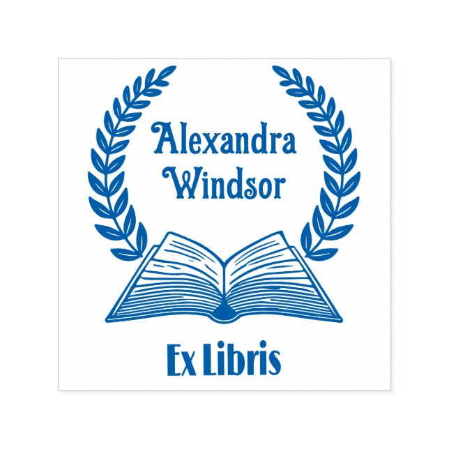 Open Book, Laurel Wreath Ex Libris Name Book Self-inking Stamp (Design)