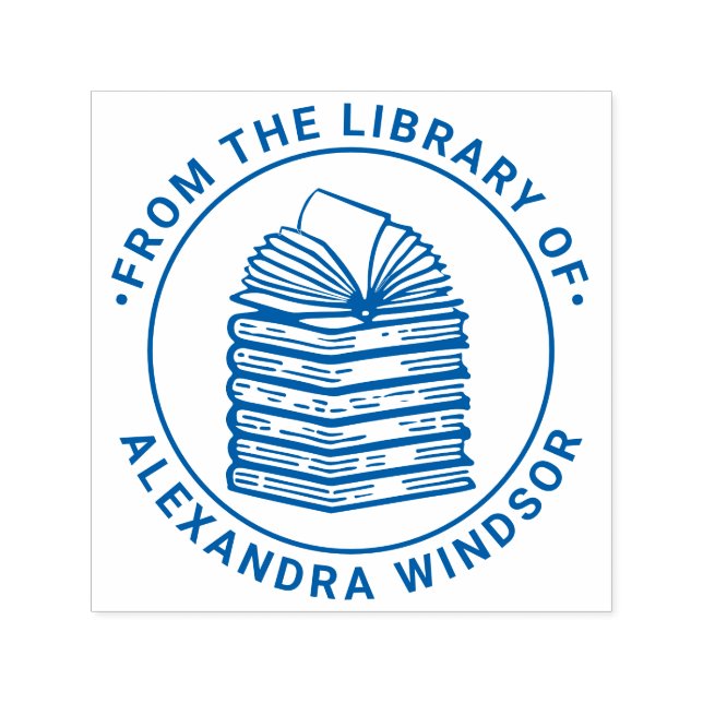 Open Book on Book Stack Library Book Name Self-inking Stamp (Design)