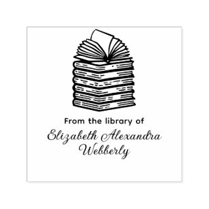 Open Book on Book Stack R2 Library Script Name Self-inking Stamp