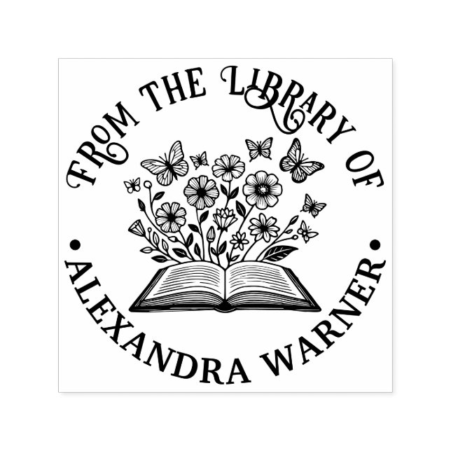 Open Book Wild flowers, Butterflies Library Name Self-inking Stamp (Design)