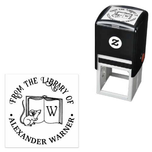 Open Book With Cute Mouse Library Name Initial Self_inking Stamp