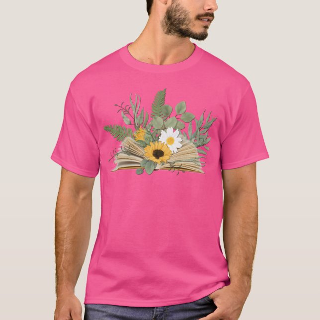 Open Book With Florals And Leaves T-Shirt (Front)