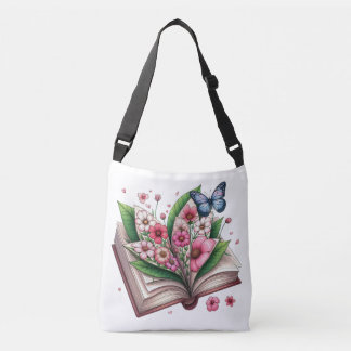 Open Book with Pink Floral and Butterfly Crossbody Bag