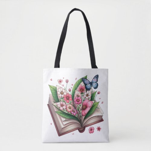 Open Book with Pink Flower and Butterfly Tote Bag