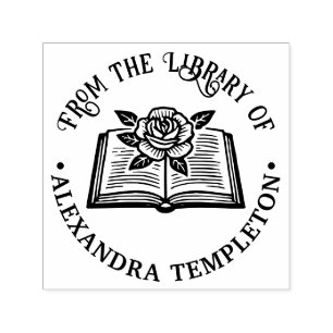 Open Book with Rose #1P with Library Book Name Self-inking Stamp