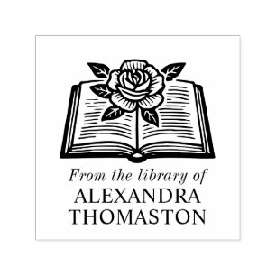 Open Book with Rose #1PS with Library Book Name Self-inking Stamp