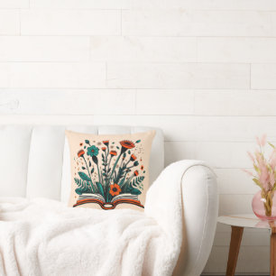 Open Book with Sprouting Flowers Throw Pillow
