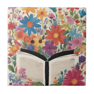 Open Book with Watercolor Flowers Ceramic Tile