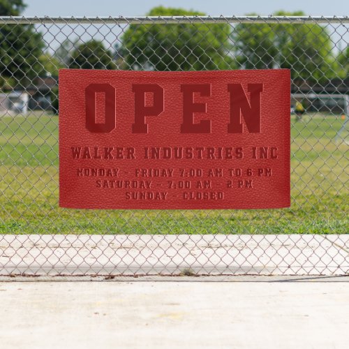 Open Business Hours Embossed Red Vegan Leather  Banner