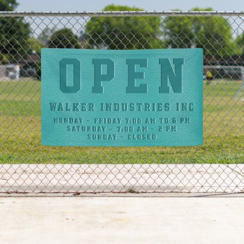 Open Business Hours Embossed Teal Vegan Leather  Banner