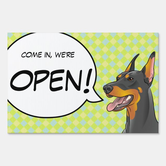 OPEN CLOSED business sign Doberman Dog (Front)