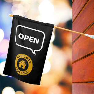 Open Custom Business Logo Text Black House Flag