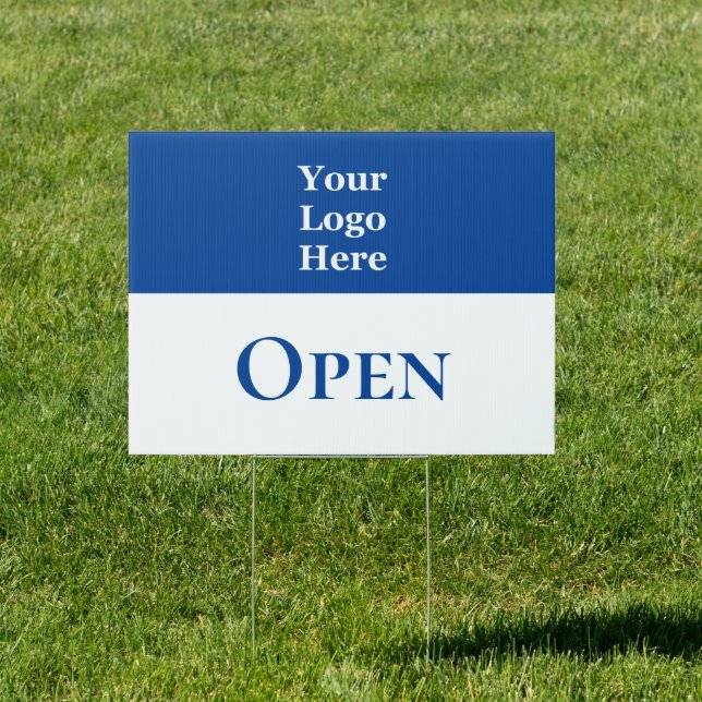 Open Deep Blue and White Your Logo Here Sign (Insitu)