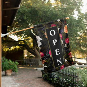 Open Elegant Floral Botanical Black Sign