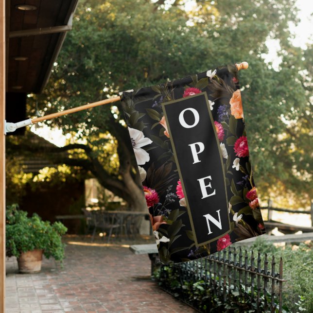 Open Elegant Floral Botanical Black Sign (In SItu)