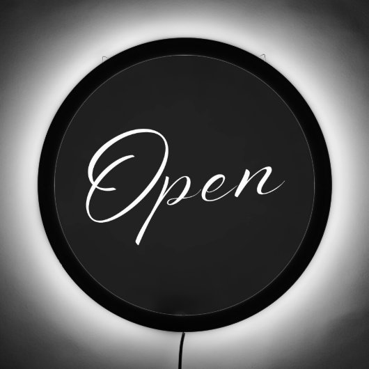 OPEN Elegant Script Black and White Minimalist LED Sign (Front)