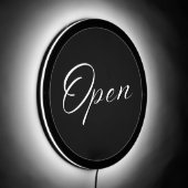 OPEN Elegant Script Black and White Minimalist LED Sign (Angle)