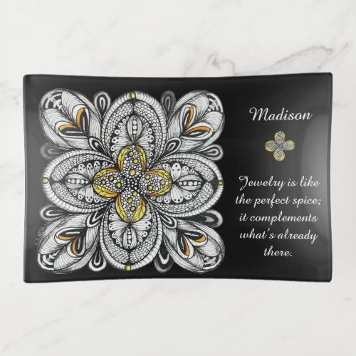 Open Flower Abstract Doodle on Black with Quote Trinket Tray