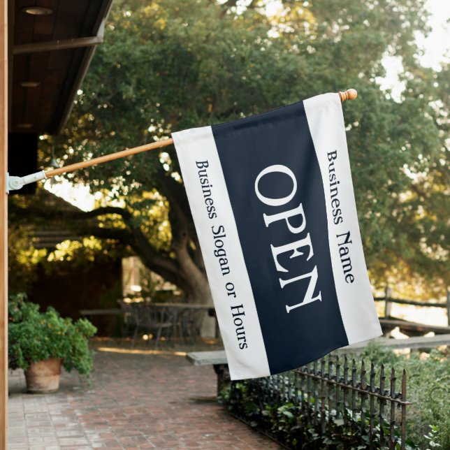 Open for Business Classic Navy Blue White Flag (In SItu)