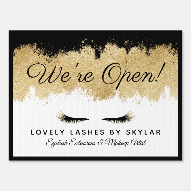 Open For Business Gold Black Eyelash Beauty Salon Sign (Front)