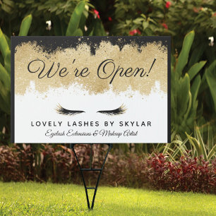 Open For Business Gold Black Eyelash Beauty Salon Sign