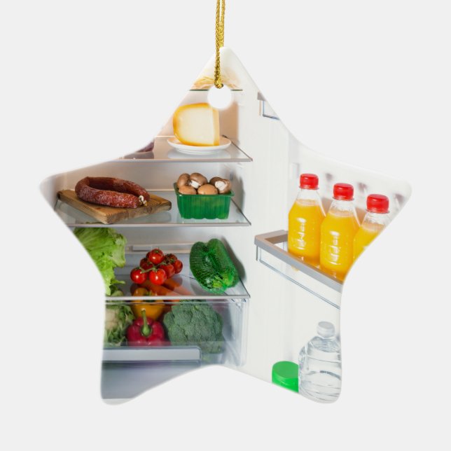 Open fridge filled with food ceramic ornament (Front)