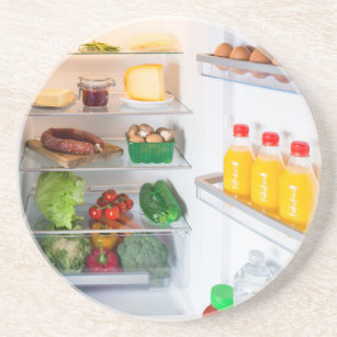 Open fridge filled with food sandstone coaster