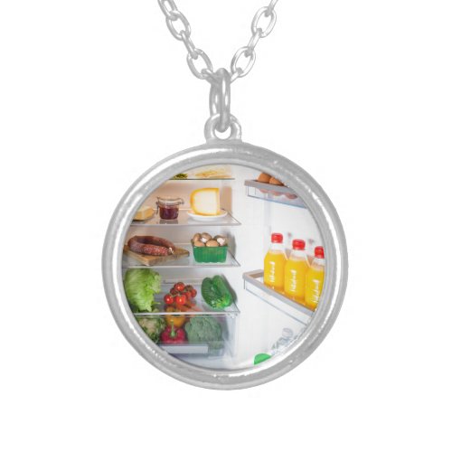 Open fridge filled with food silver plated necklace