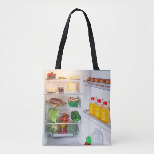 Open fridge filled with food tote bag