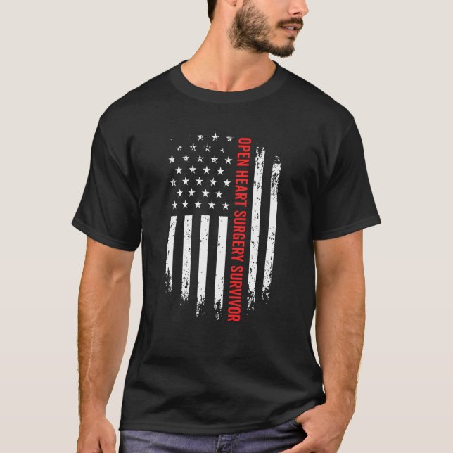 Open Heart Surgery Survivor American Flag Recovery T-Shirt (Front)