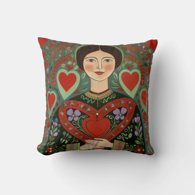 Open Hearted Folk Throw Pillow (Front)