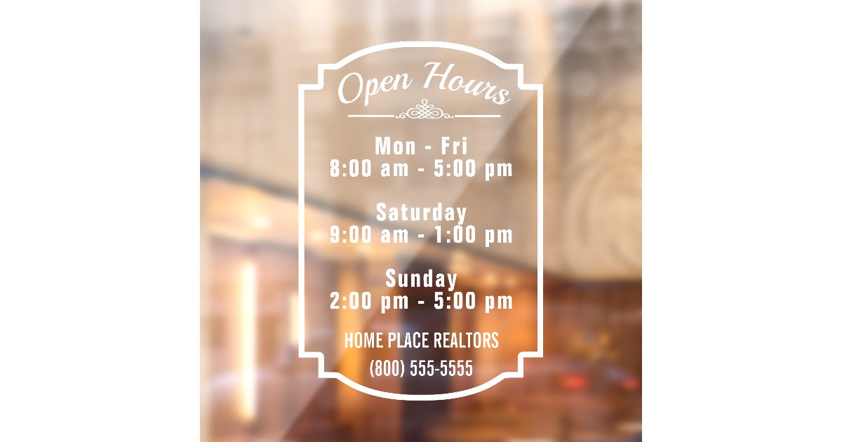 Open Hours of Operation Store Business DIY White Window Cling | Zazzle